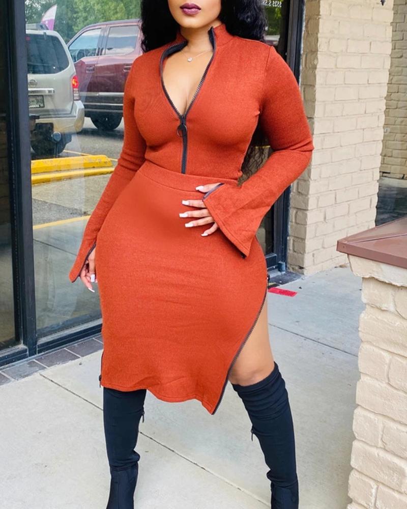 

Solid Color Long Sleeve Wrap Dress, Orange