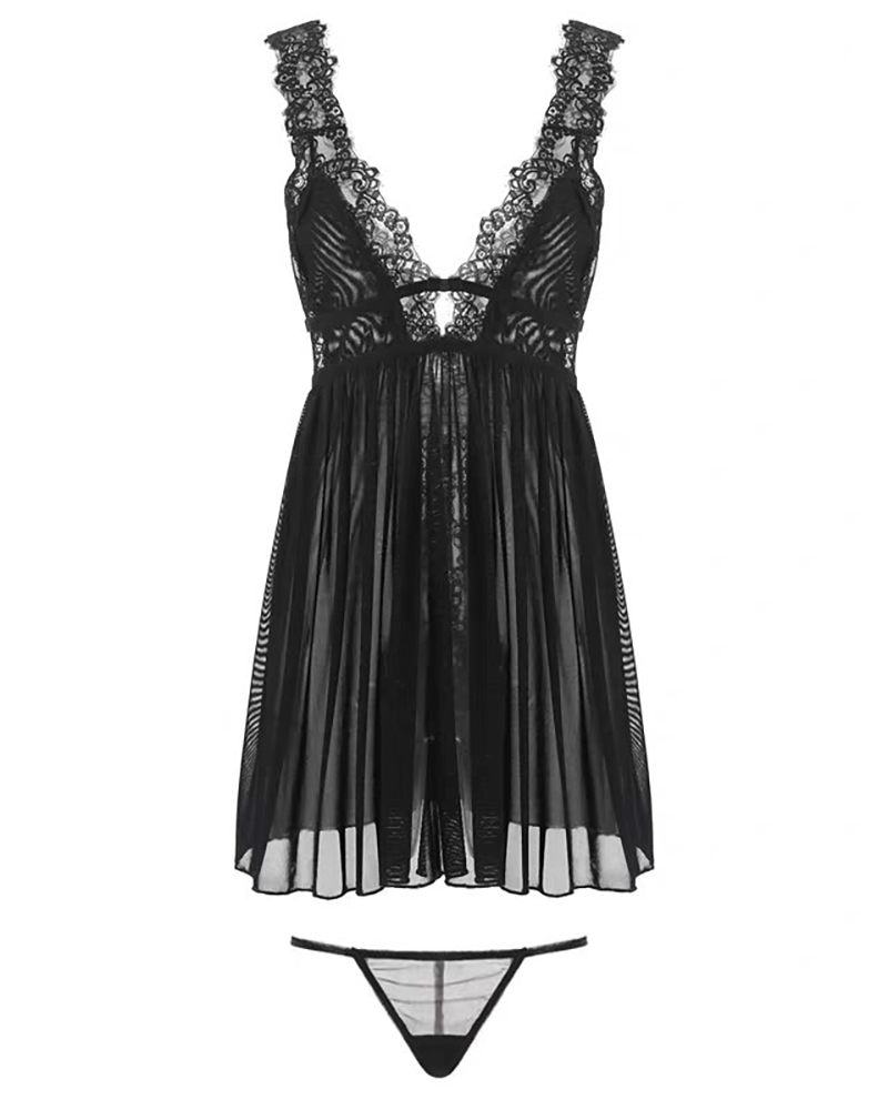 

Sheer Mesh Slit Backless Lace Babydoll With Thong, Black