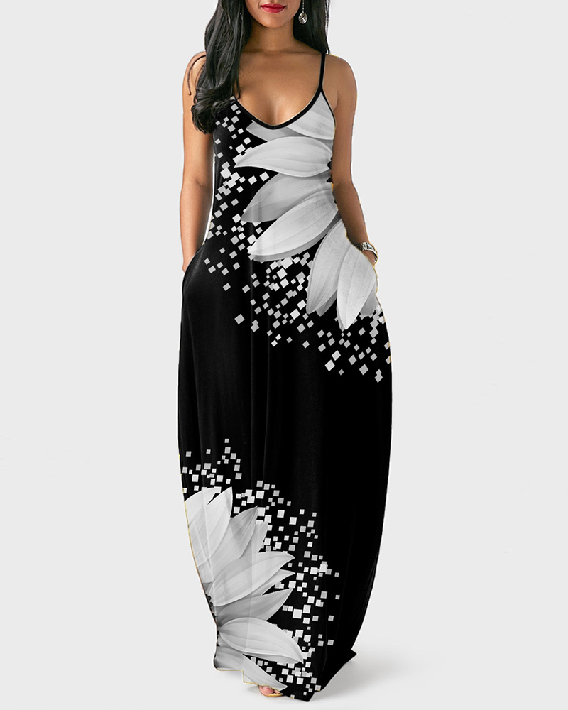 

Floral Print Spaghetti Strap Maxi Dress, White