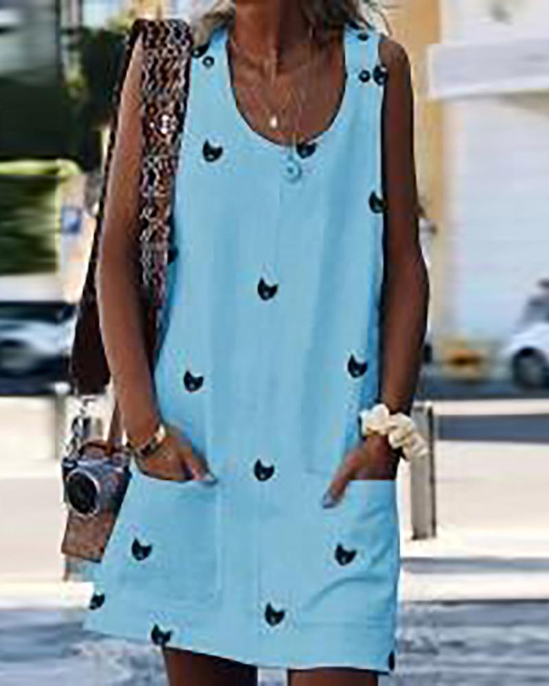 

Print button strap dress, Blue