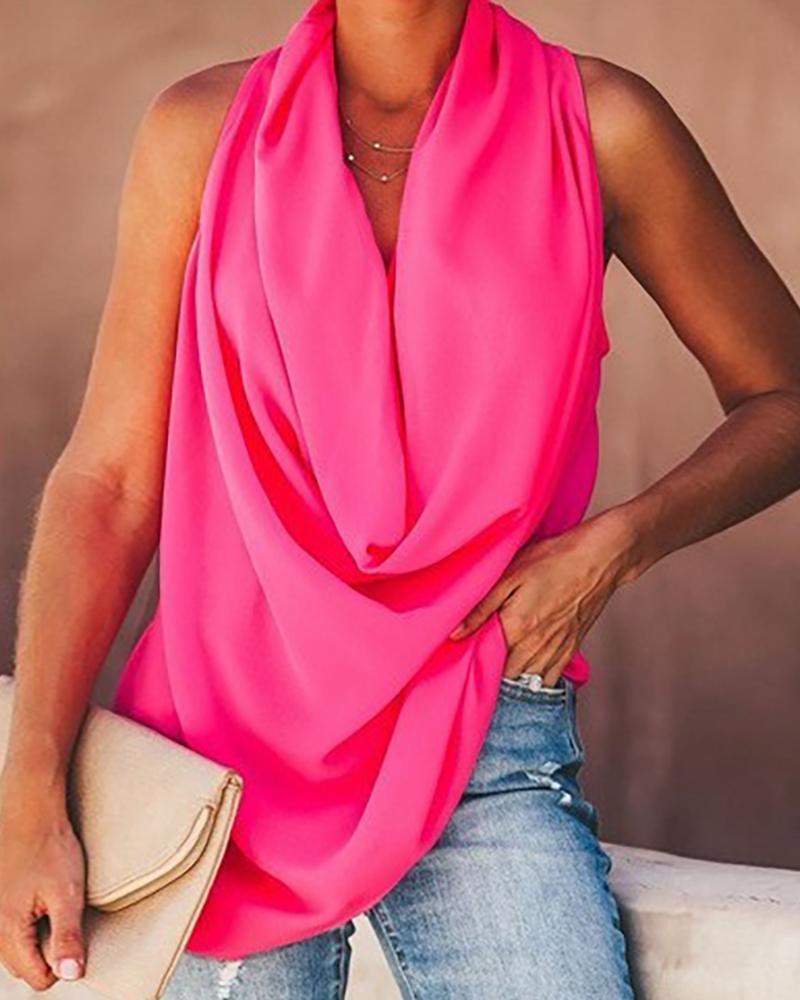 

Cowl Neck Ruched Detail Casual Tank Top, Hot pink