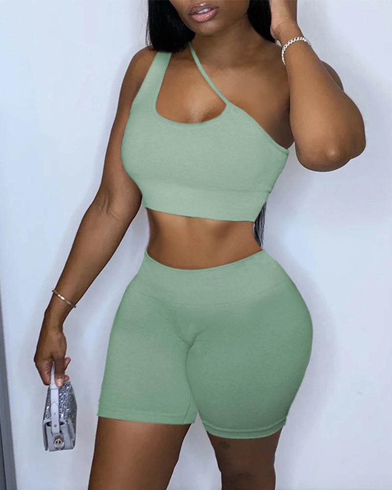 

Plain Crop Top & High Waisted Shorts Set, Green
