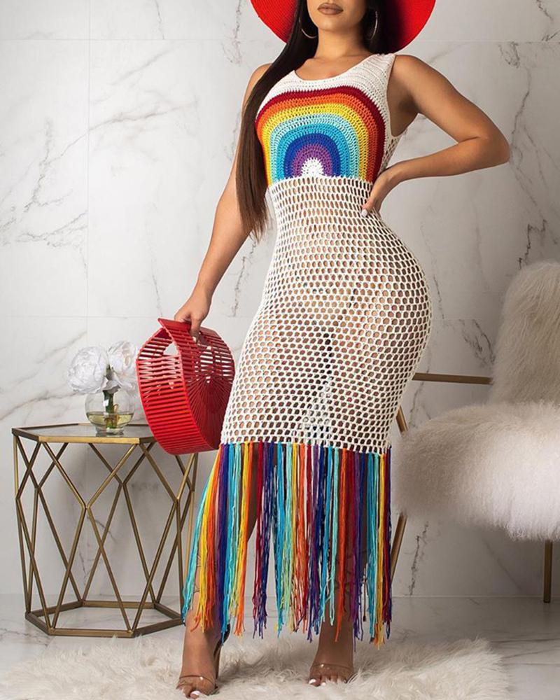 

Hollow Out Fishnet Colorful Tassel Dress Cover Up, White