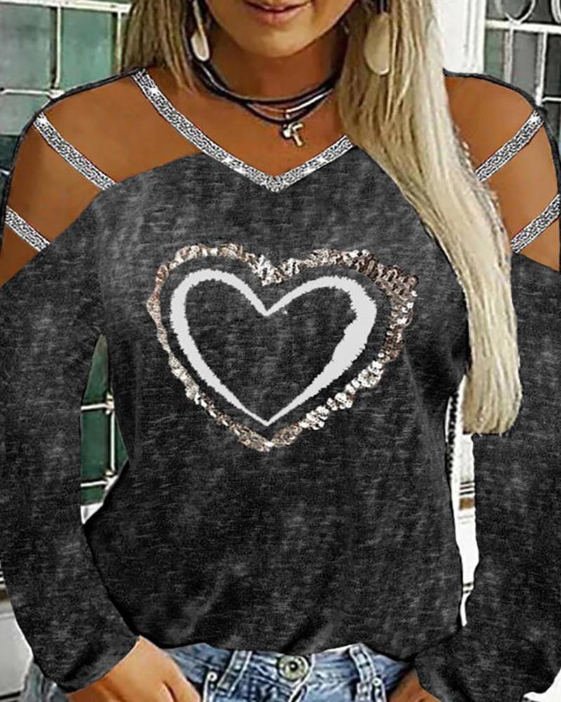 

Heart Print Ladder Cutout Top, Dark grey