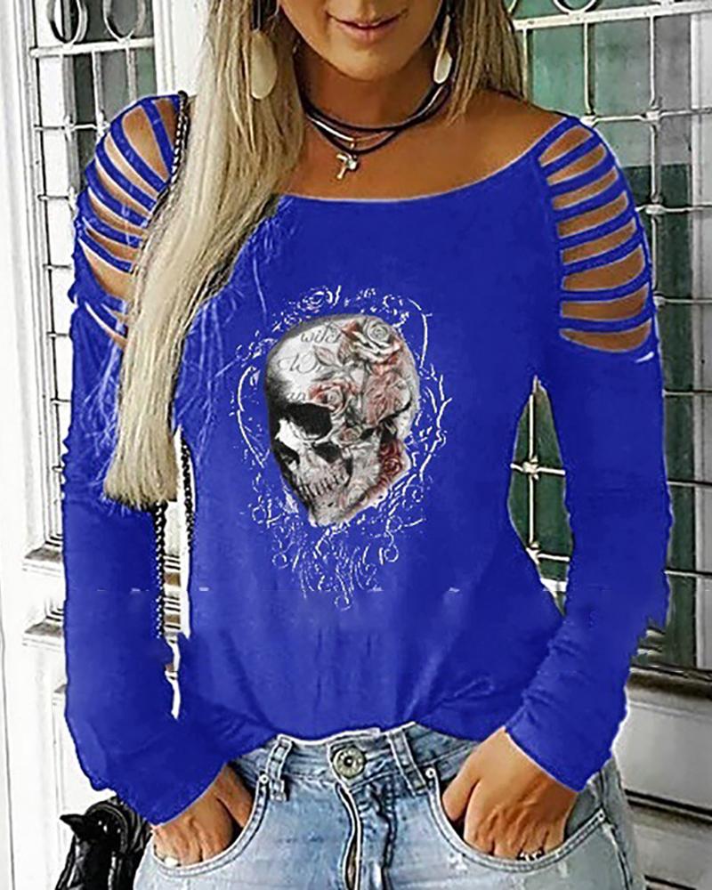 

Skull Print Ladder Cutout Top, Blue