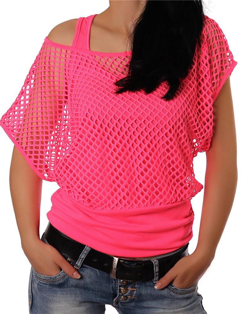 

Fishnet Batwing Sleeve Fake Two-piece T-shirt, Hot pink