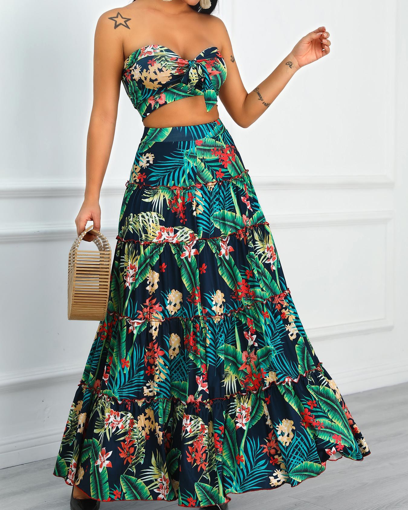 Tropical Print Crop Top \u0026 Maxi Skirt Set