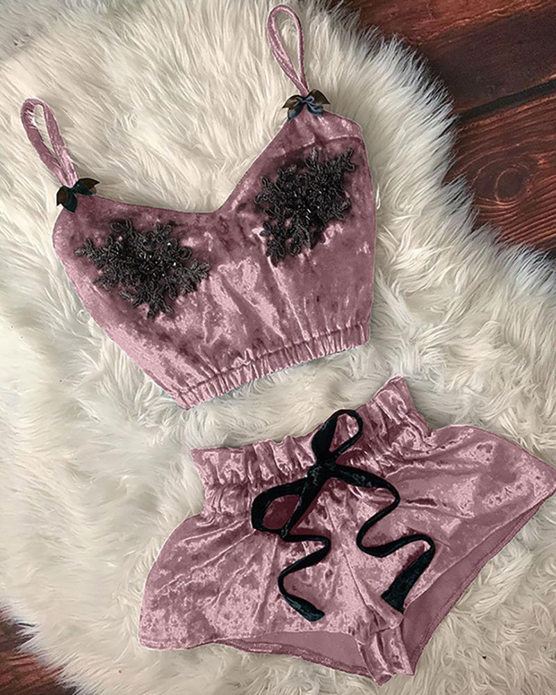 

Guipure Lace Bowknot Decor Velvet Cami Set, Pink