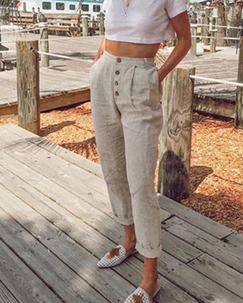 

Button Front Striaght Leg Pants, Beige