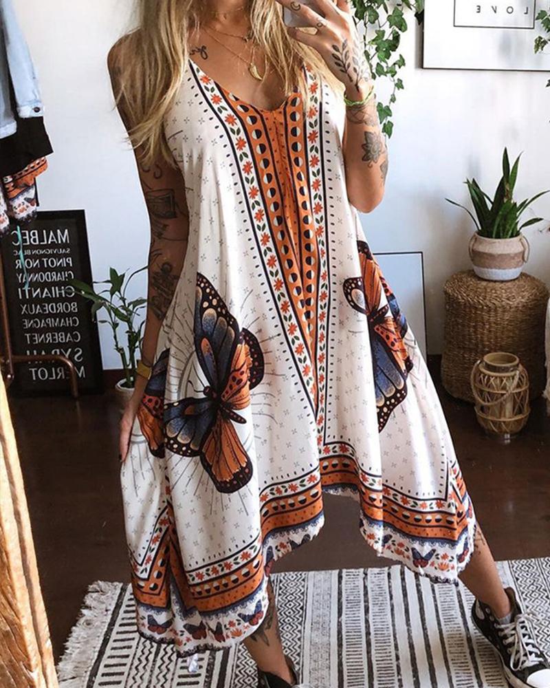 

Retro Butterfly Print Strap Backless Loose Maxi Dress, Multicolor