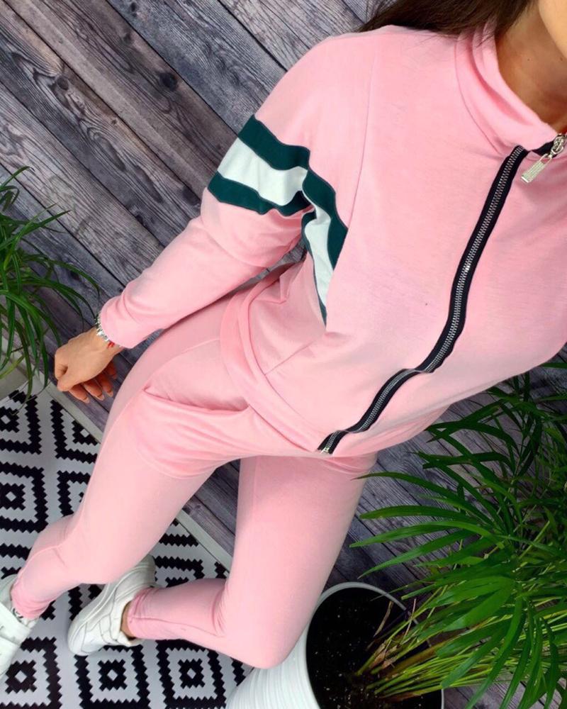 

Colorblock Zipper Design Top & Pocket Design Pants Set, Pink