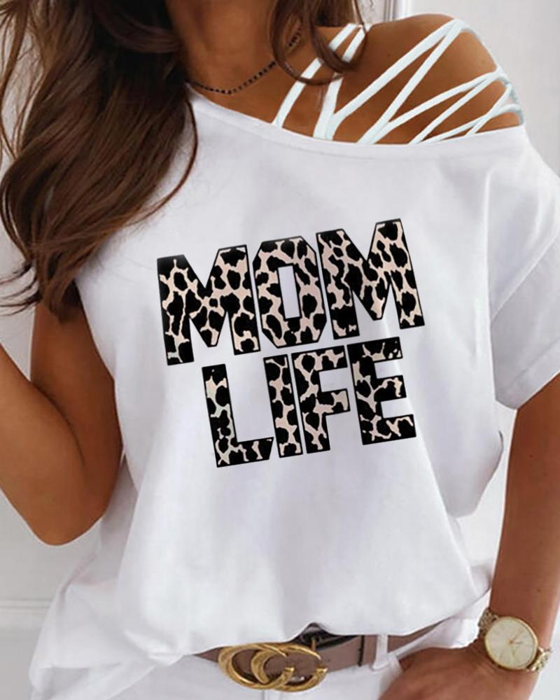 

Mother' Day Letter Cheetah Print Short Sleeve Lace-up Top, White