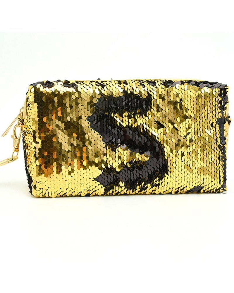 

Letter Pattern Sequins Evening Handbag Clutch Bag, Gold