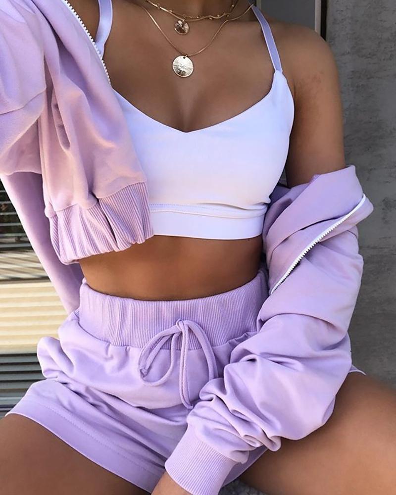 

Zipper Design Hooded Crop Top & Drawstring Shorts Set, Purple