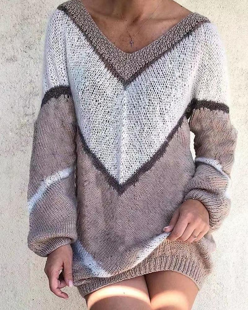 

Geometric Color Block Long Sleeve Sweater, Coffee