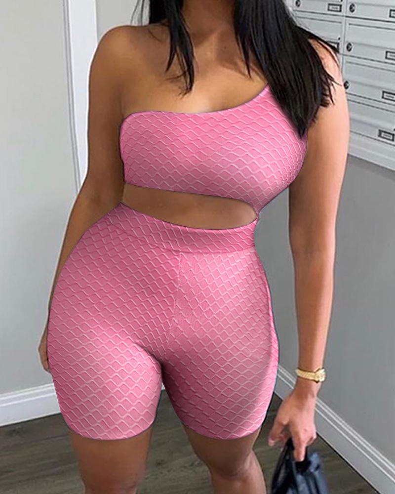 

One Shoulder Slim Fit Cut Out Fitted Romper, Pink
