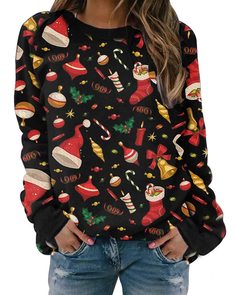 

Christmas Print Long Sleeve Sweatshirt, Black