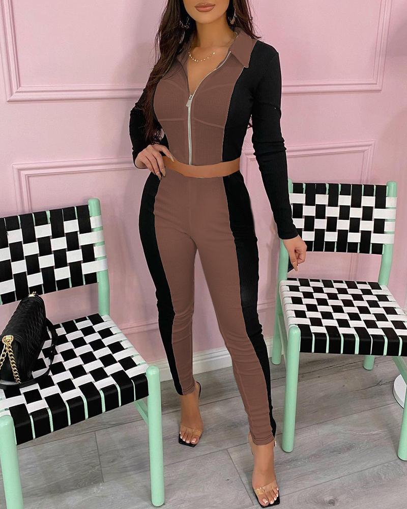 

Colorblock Zipper Design Long Sleeve Crop Top & Pants Set, Coffee
