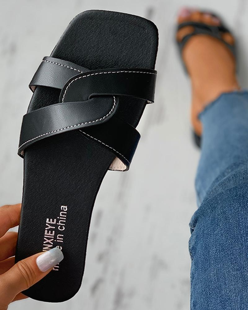 

Cross Strap Square Toe Flat Sandals, Black