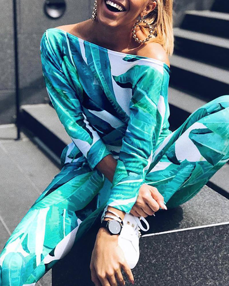 

Long Sleeve Print Women Top & Pants Set, Green