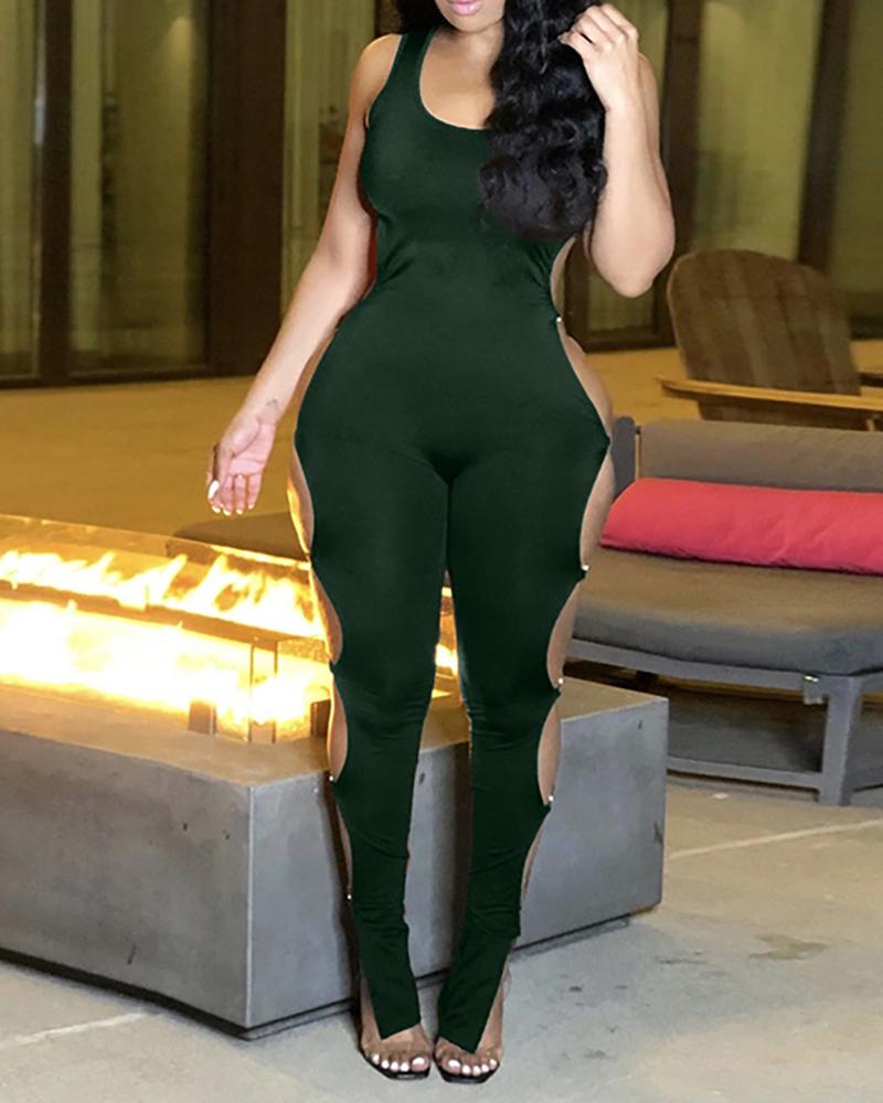 

Ladder Cutout O-Ring Decor Sleeveless Jumpsuit, Dark green