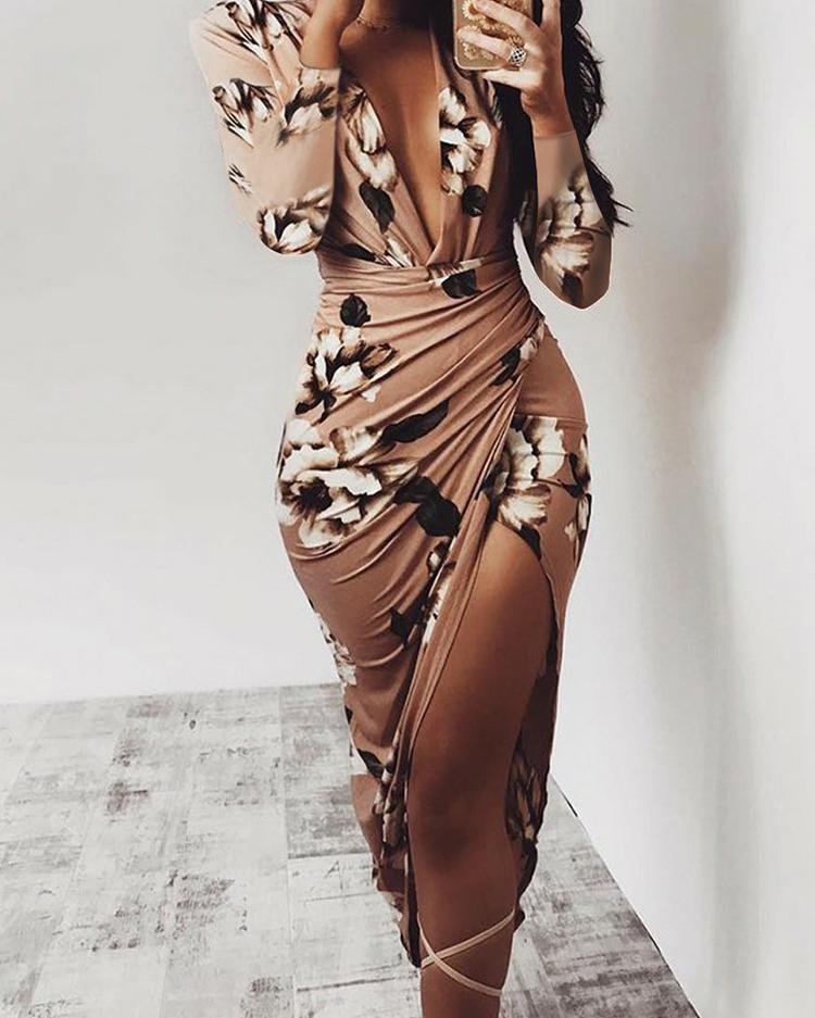 floral deep v long sleeve ruched bodycon dress