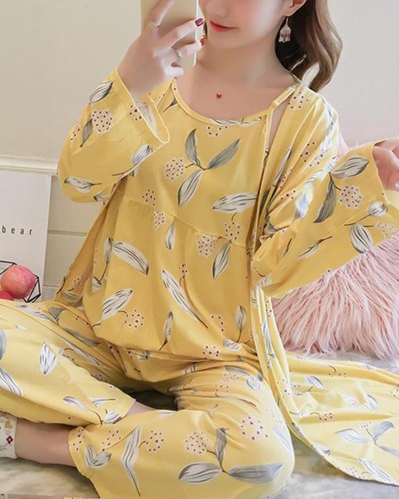 

Tropical Print 3-Piece Pajama Set, Yellow