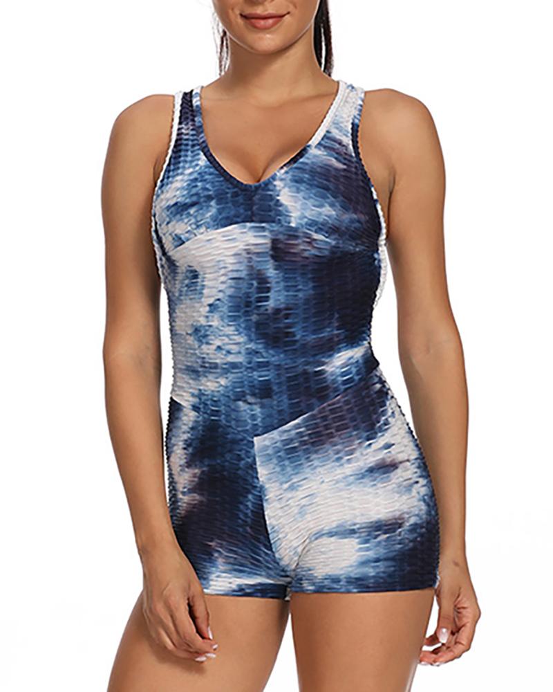 

Tie Dye Print Backless One Piece Workout Catsuit Textured Yoga Gym Bodycon Romper, Dark blue