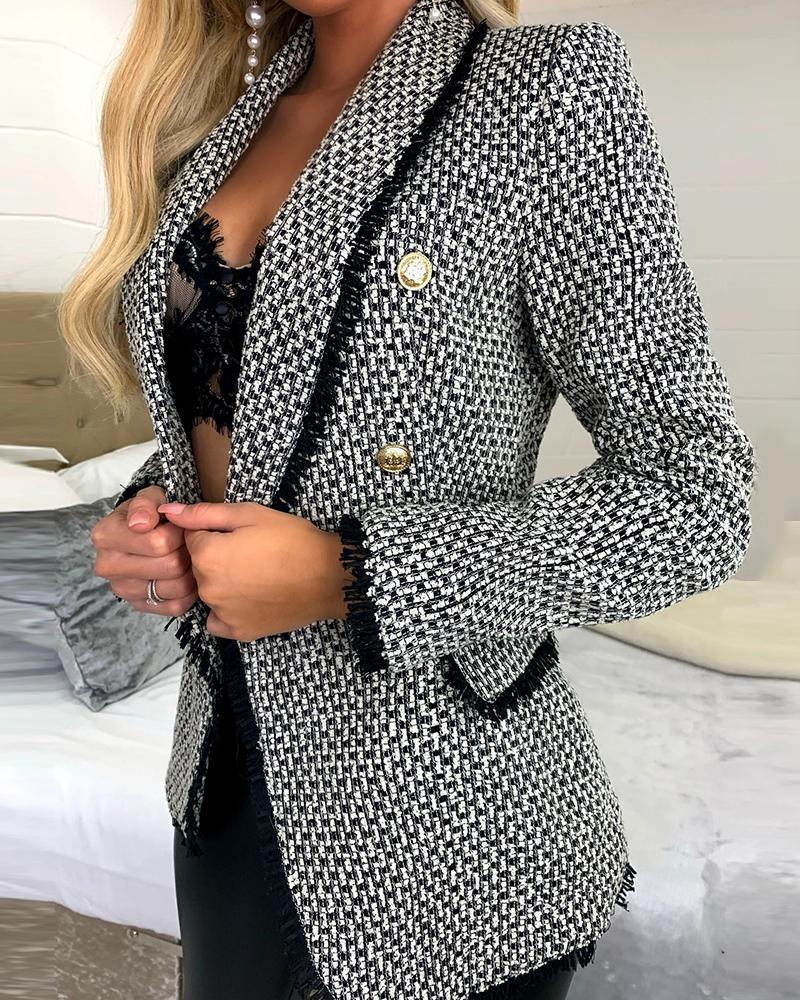 

Double Breasted Fringe Hem Tweed Blazer Coat, Black