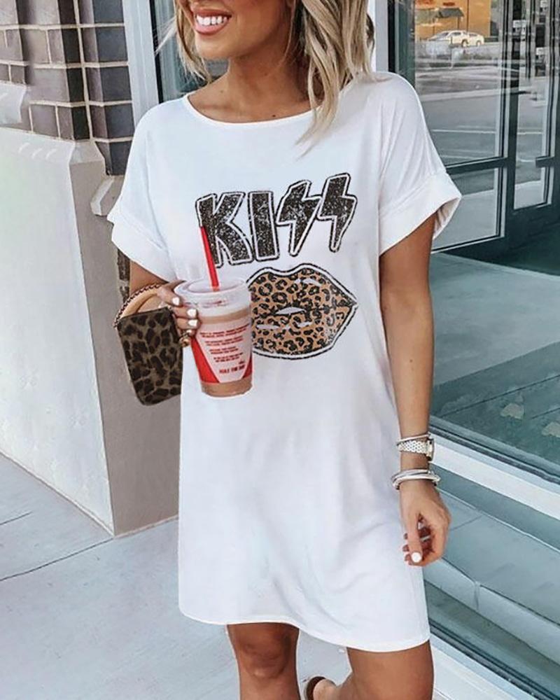 

Pineapple / Cheetah / Lip Print Short Sleeve Casual Dress, Leopard