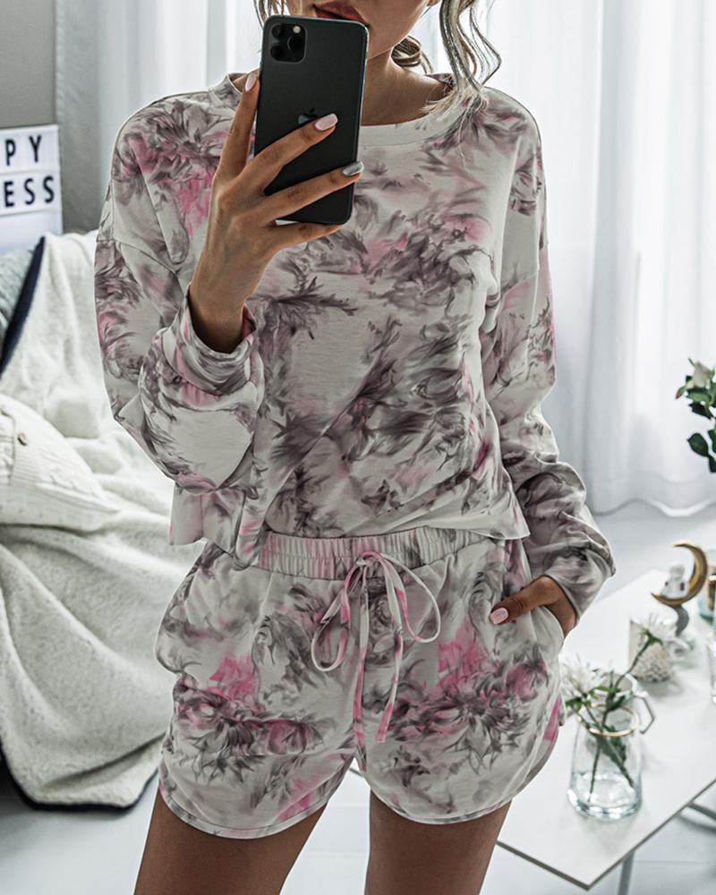 

Floral Print Round Neck Pajamas Set, Gray
