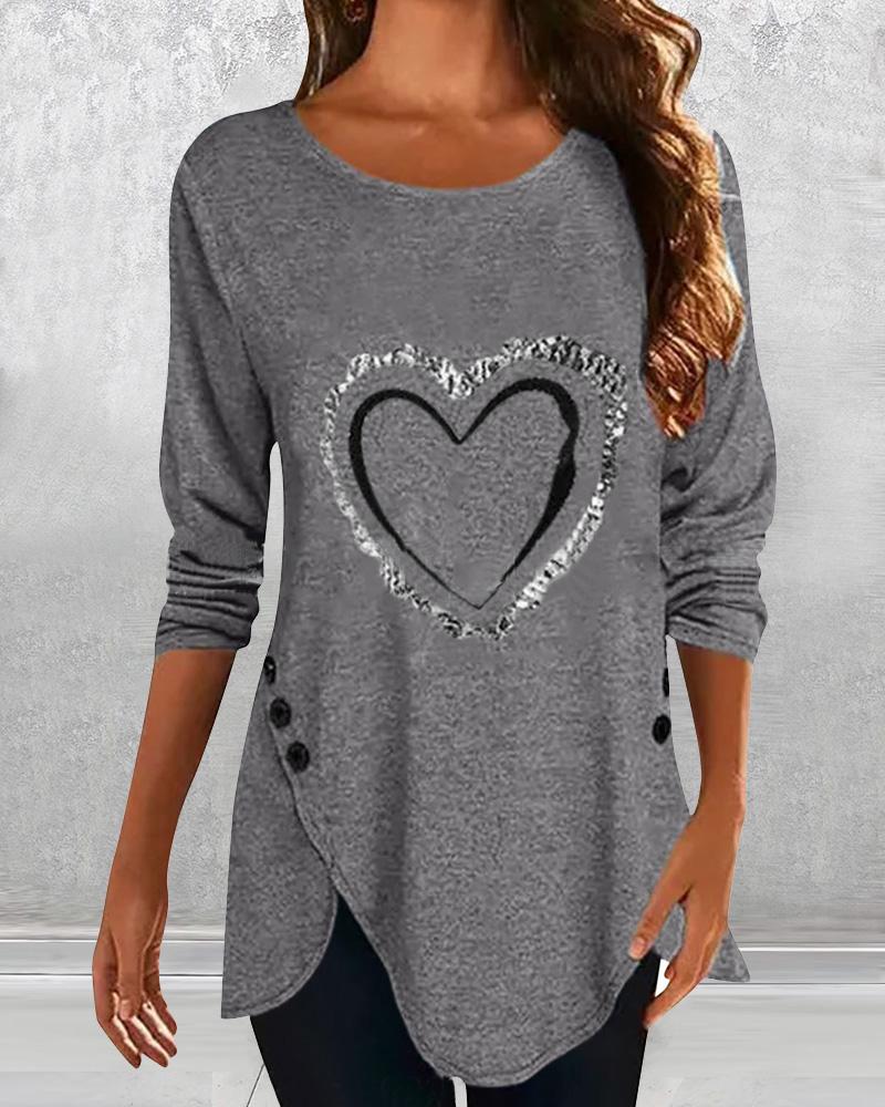 

Heart Print Long Sleeve Blouse, Gray