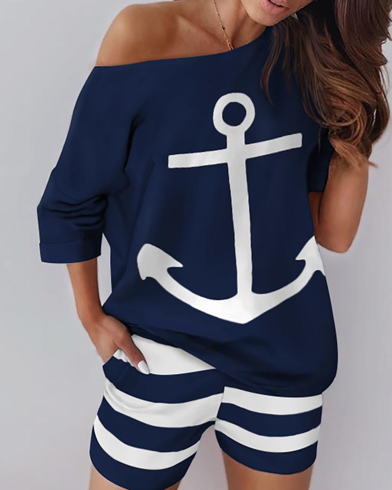 

Boat Anchor Print One Shoulder Top & Striped Short Set, Purplish blue