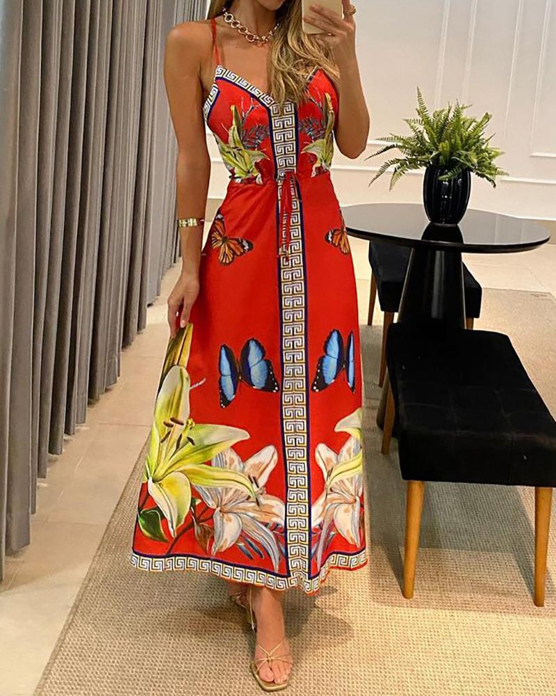 

Butterfly Floral Print Spaghetti Strap Maxi Dress, Red