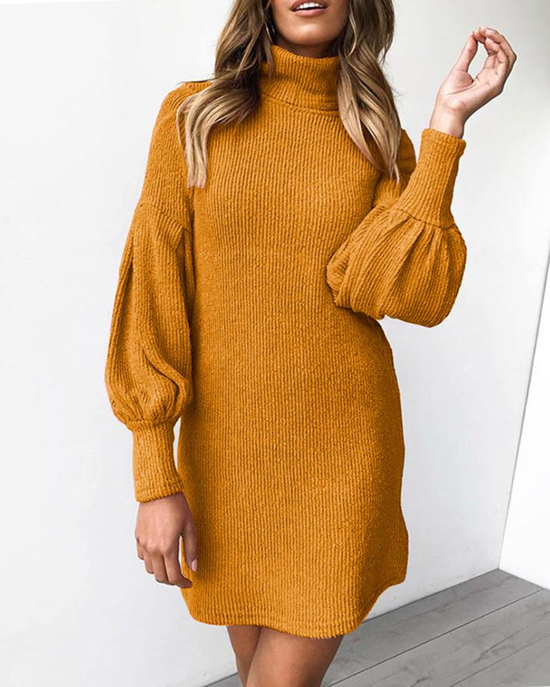 

Knit Plain High Neck Casual Sweater Women Dress, Orange