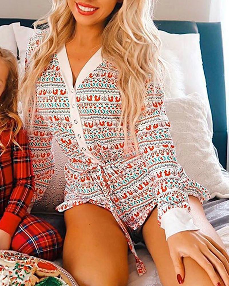 

Christmas Printing Long Sleeve Home Romper, White