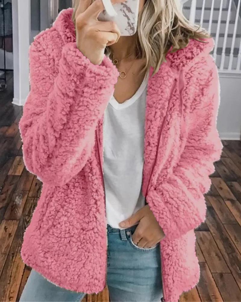 

Plain Long Sleeve Hooded Teddy Coat, Pink