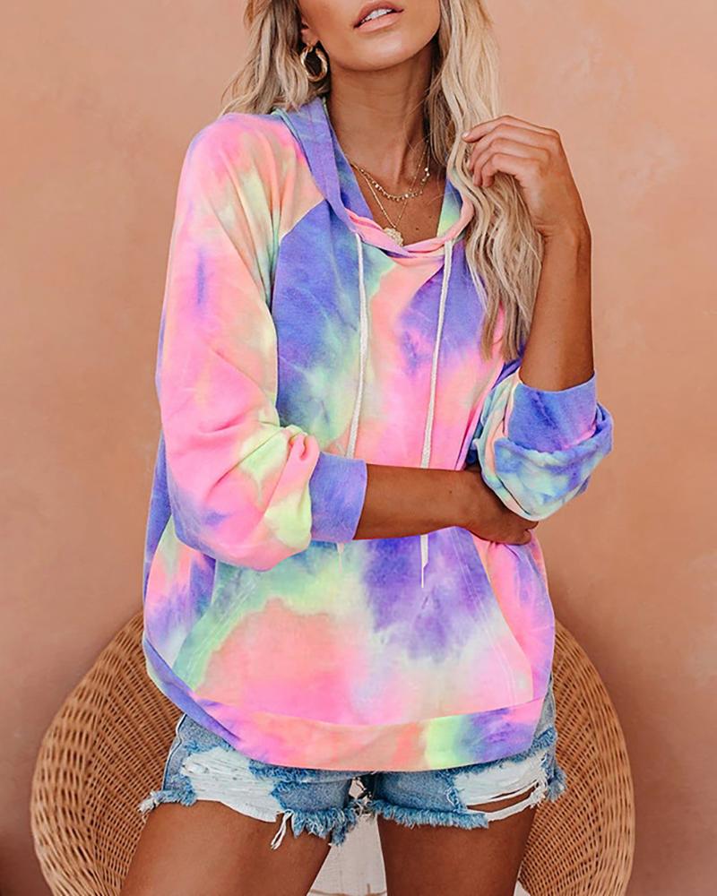

Tie Dye Print Pocket Design Casual Hooded Sweatshirt, Pink