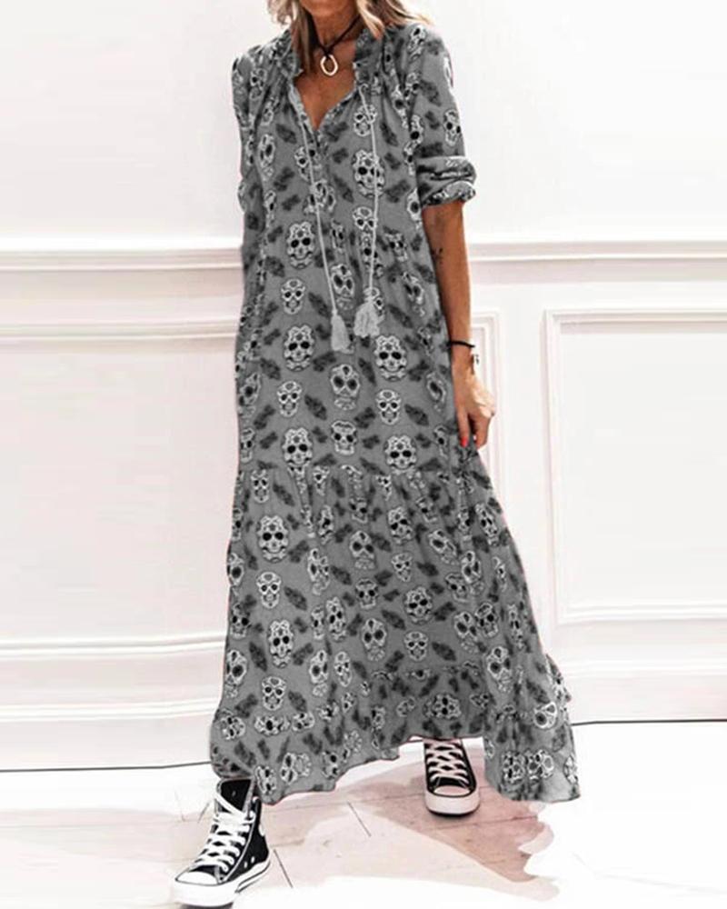 

All Over Print Tassel Design Long Sleeve Dress, Gray