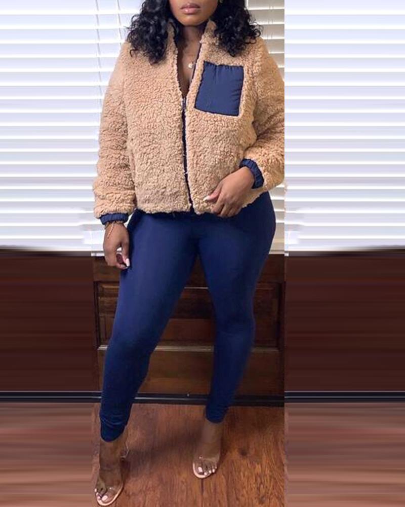 

Colorblock Teddy Patchwork Long Sleeve Coats With Skinny Pants Suit Sets, Blue