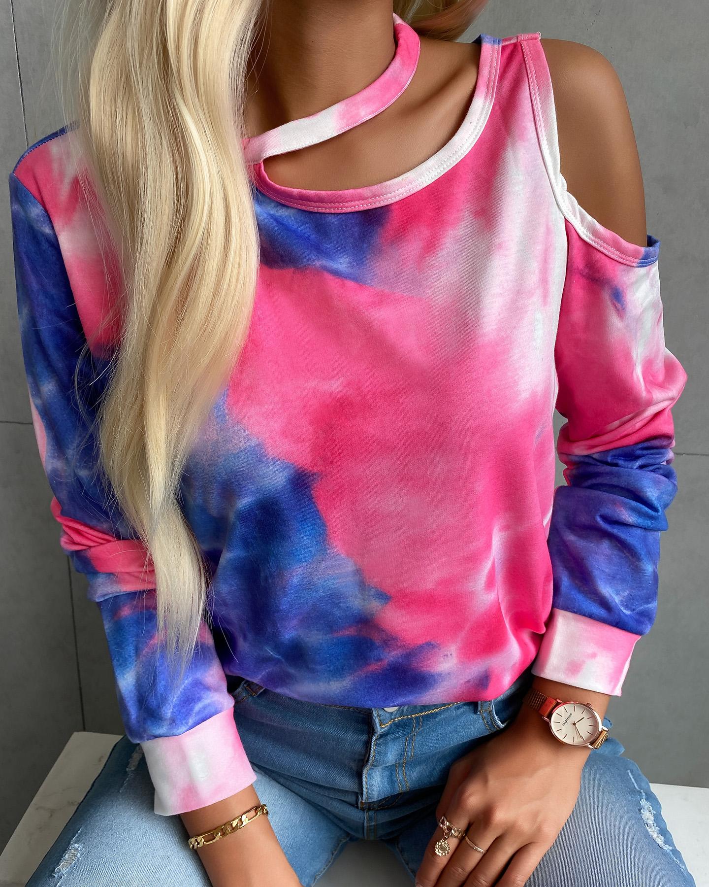

Tie Dye Print Cold Shoulder Cutout Sweatshirt, Multicolor
