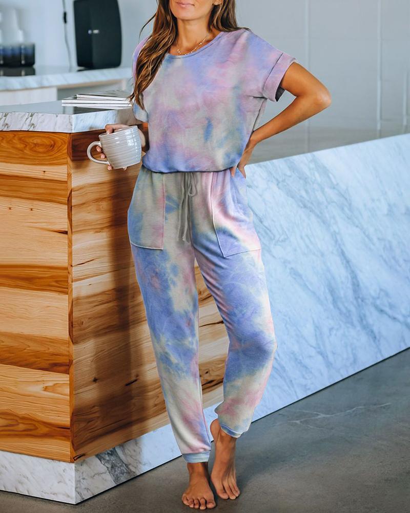 

Tie Dye Print Short Sleeve Top & Pants Set, Purple