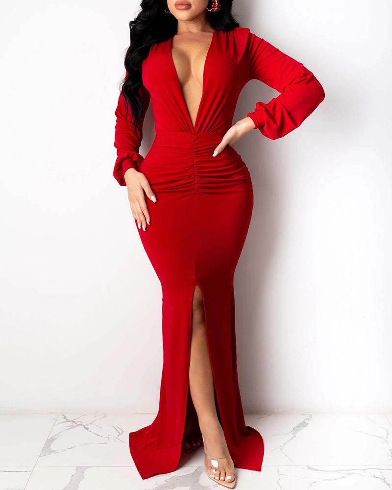 

Plain Lantern Sleeve Ruched High Slit Maxi Women Dress, Red