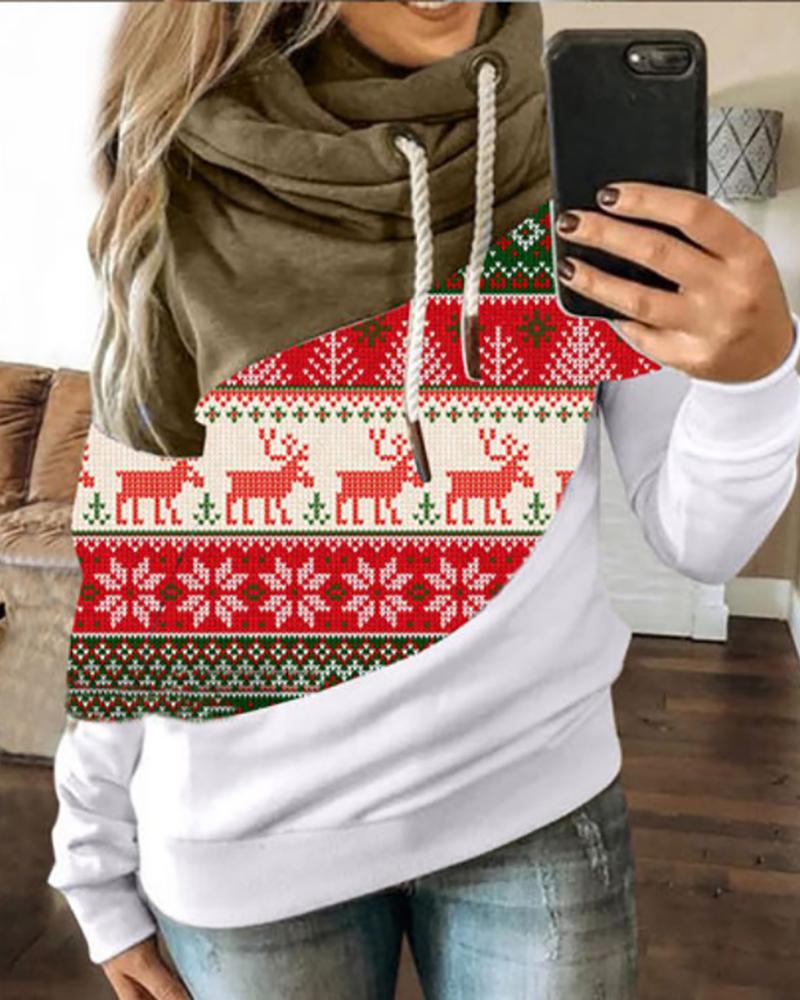 

Christmas Print Colorblock Hooded Top, Brown