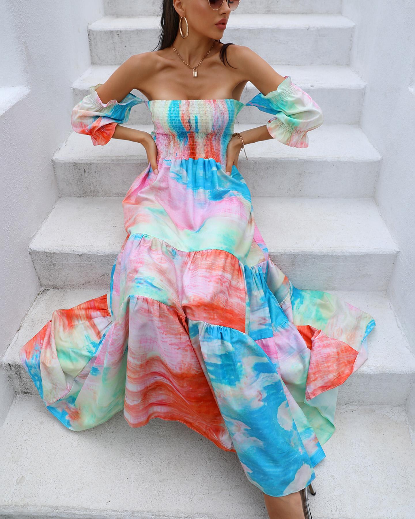 

Tie Dye Print Off Shoulder Frill Hem Shirring Design Maxi Dress, Multicolor