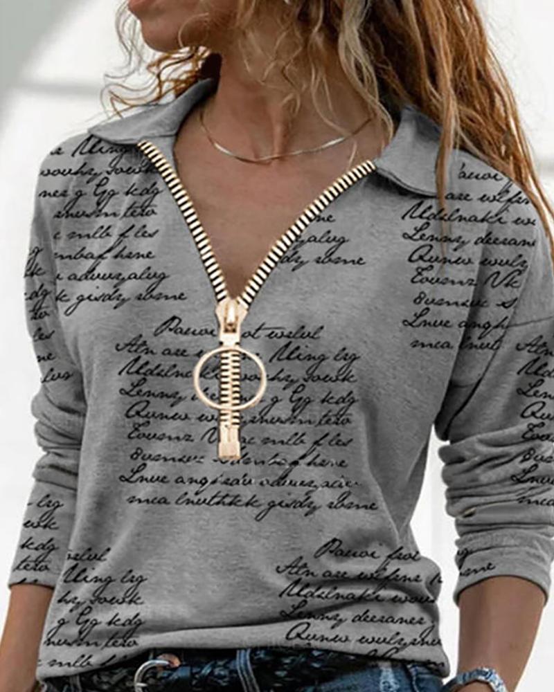 

Letter Print Zipper Design Casual Top, Gray