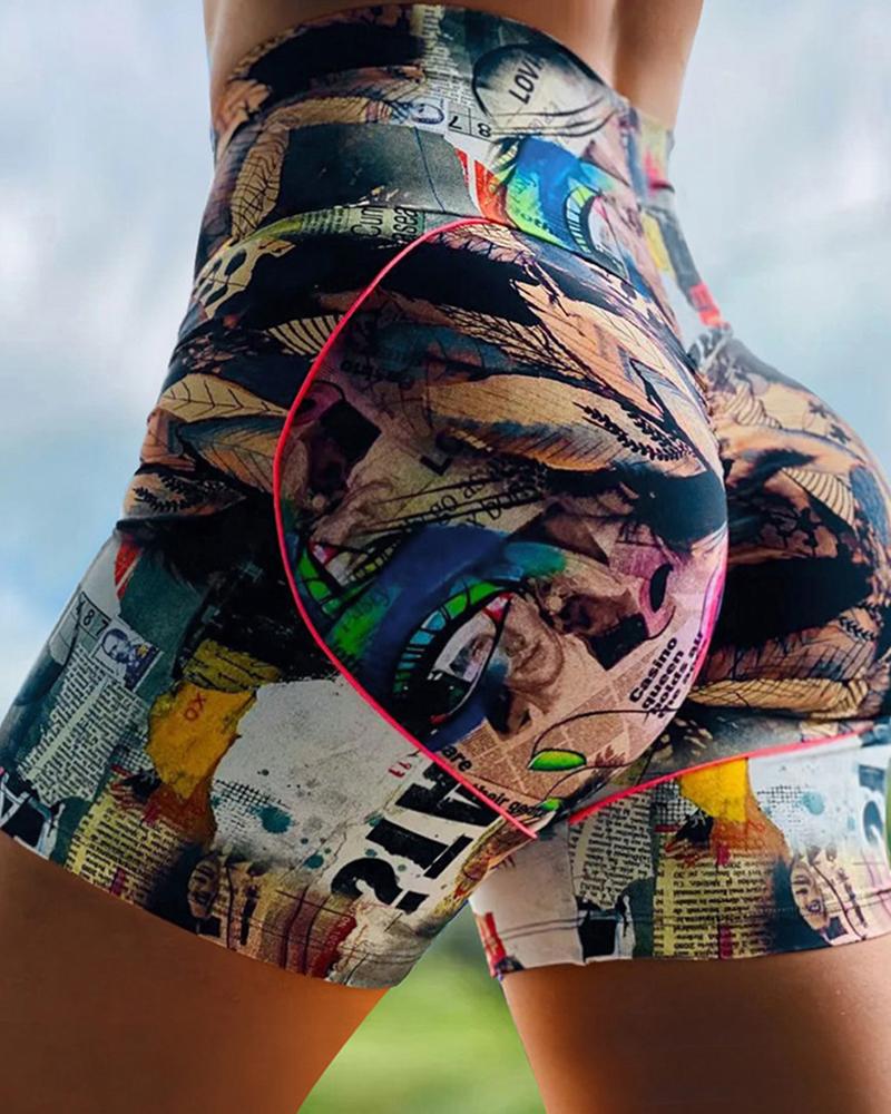 

High Waist NewspaperPrint Ruched Sporty Shorts, Black