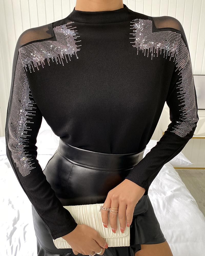 

Sheer Mesh Long Sleeve Studded Top, Black