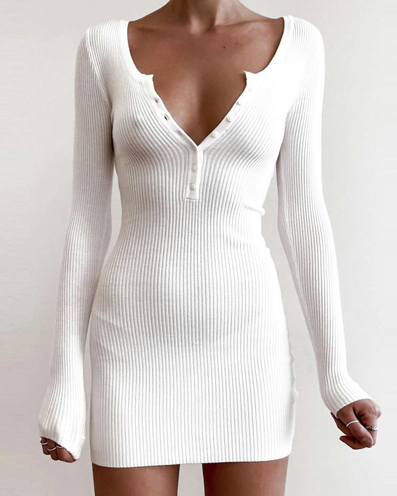 

Button Design Solid Long Sleeve Bodycon Dress, White