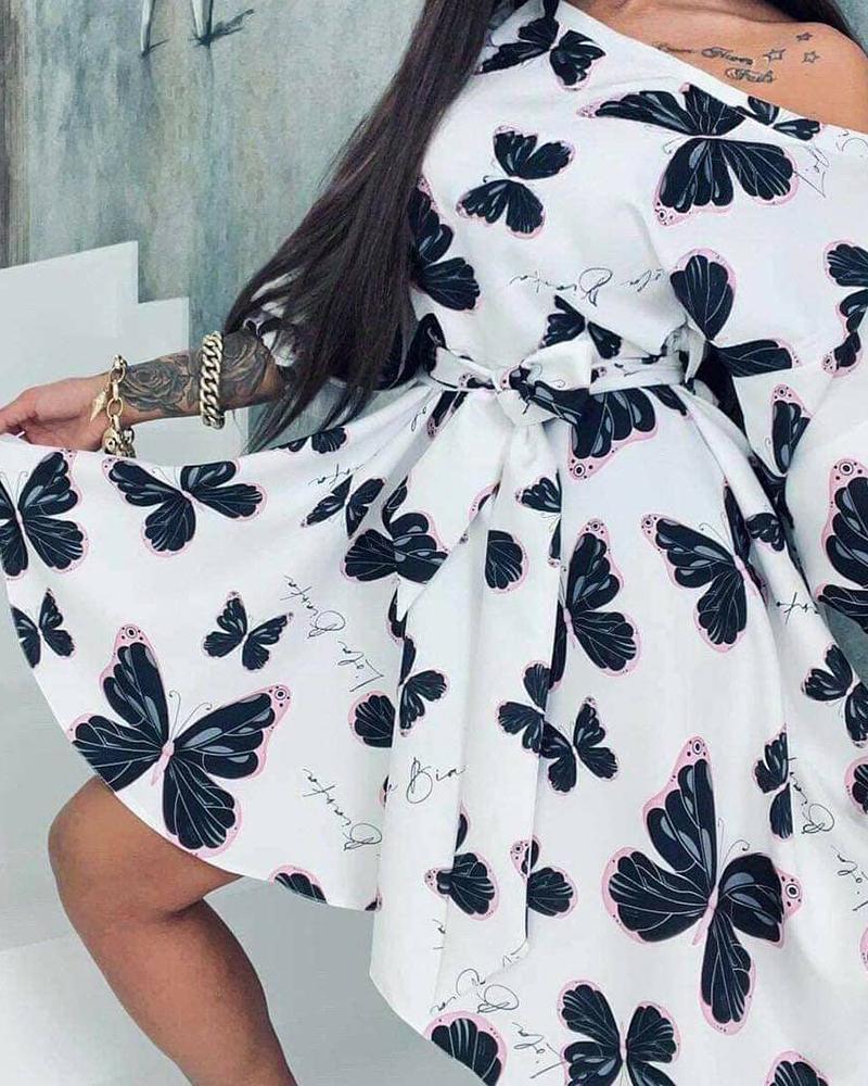 

Butterfly Letter Print One Shoulder Casual Dress, White